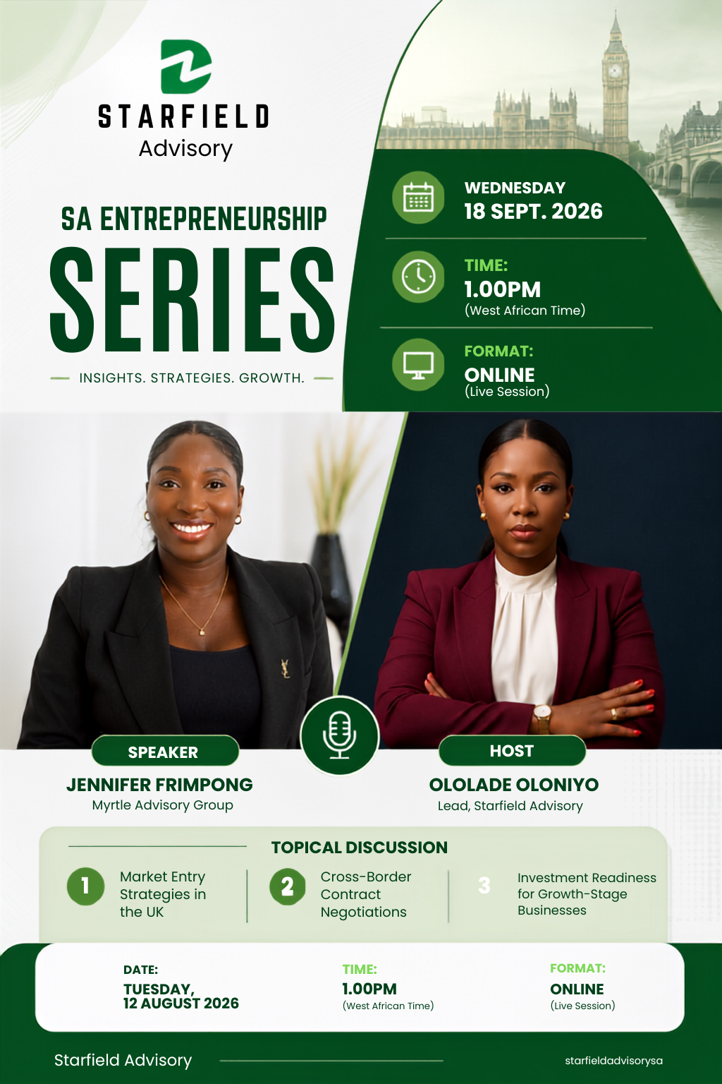 SA Entrepreneurship Series #1 flyer — Speaker Jennifer Frimpong (Myrtle Advisory Group) and Host Ololade Oloniyo (Lead, Starfield Advisory)